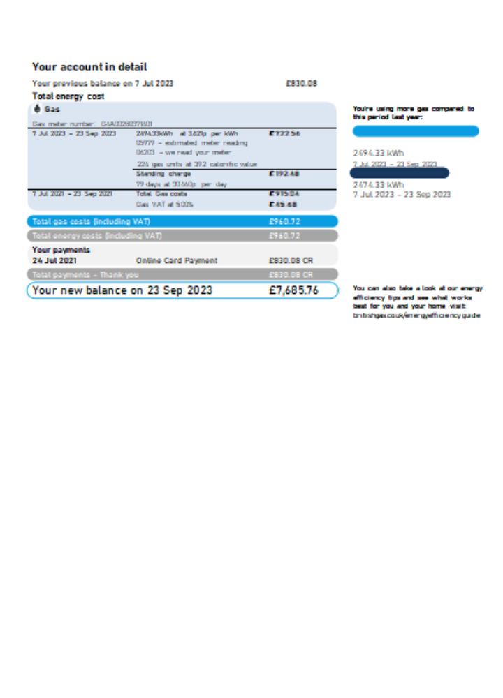British Gas Energy utility business bill SCR page 2 PSD template